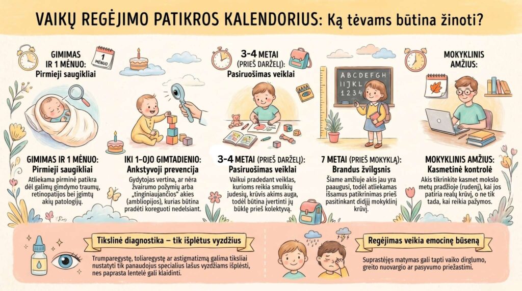 Vaikų regėjimo patikros kalendorius pagal amžių - iliustracija tėvams