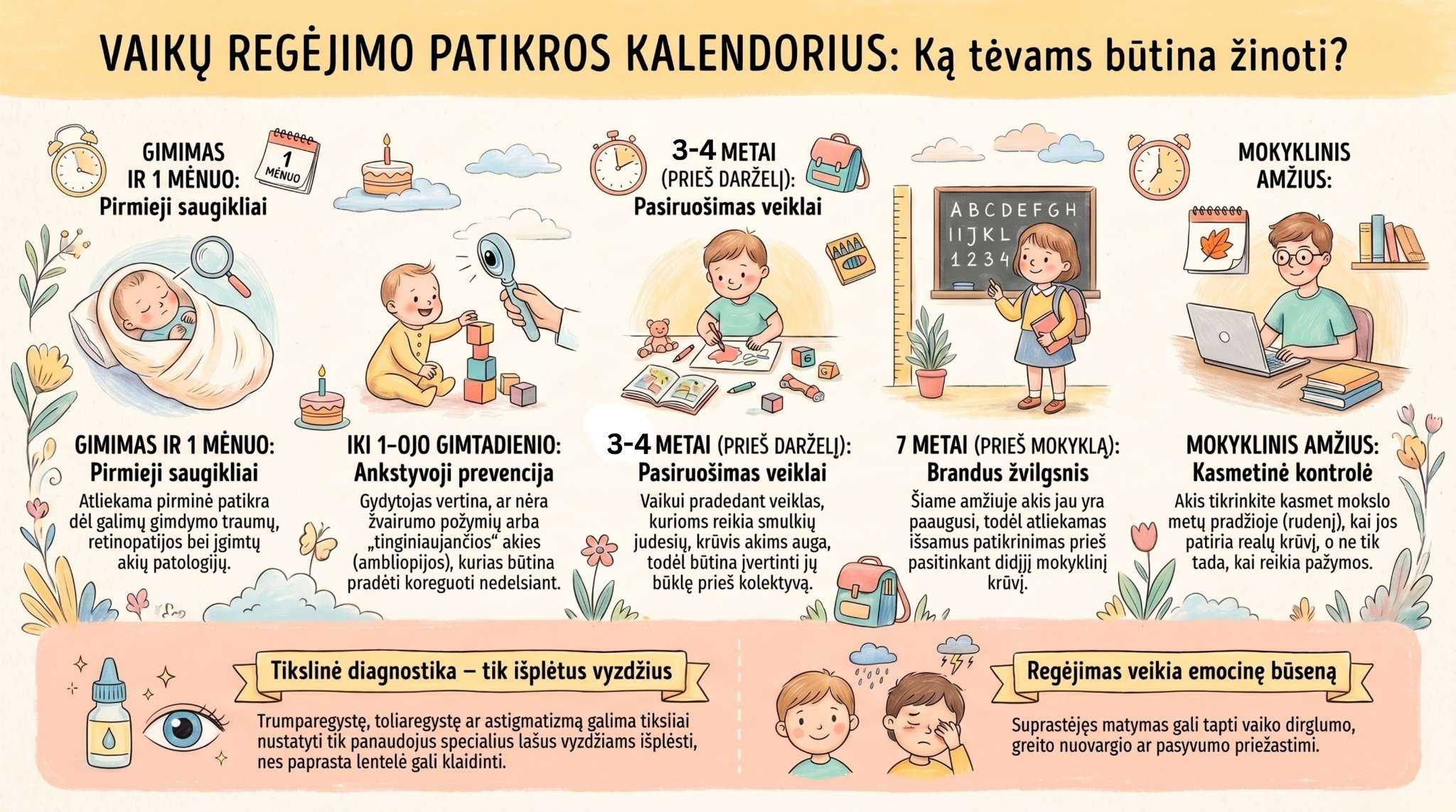 Vaikų regėjimo patikros kalendorius pagal amžių - iliustracija tėvams